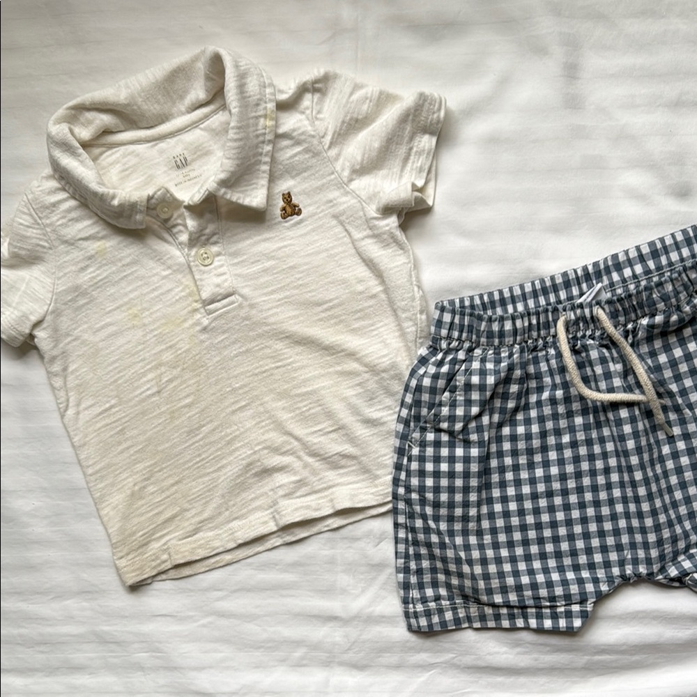 White Polo Shirt with Plaid Shorts